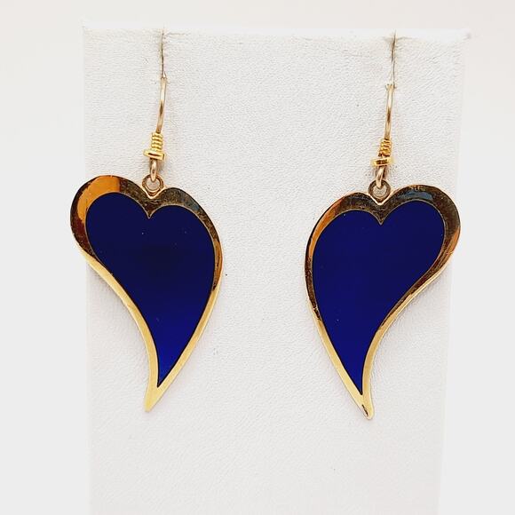 Vintage Laurel Burch Heart Dangle Earrings, Blue Enamel, Gold Plated, 2 Inches - Picture 10 of 10